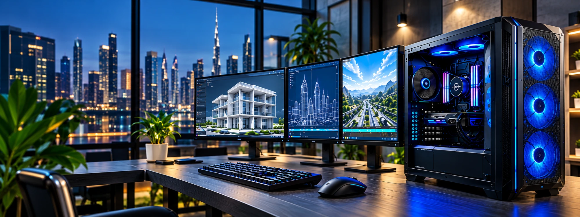 Custom workstation with triple monitors showing AutoCAD, Revit and Civil 3D designs