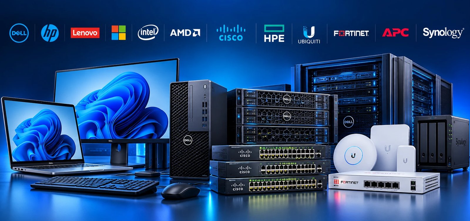 Business IT range: Dell laptops, desktops and servers, Cisco switches, Ubiquiti access points, Fortinet firewall and Synology NAS