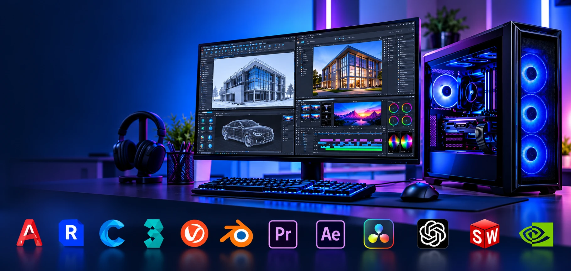Custom workstation with dual monitors running AutoCAD, Revit, Premiere Pro and DaVinci Resolve